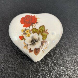 TRINKET BOX White Porcelain Lidded Heart Shaped with Flowers